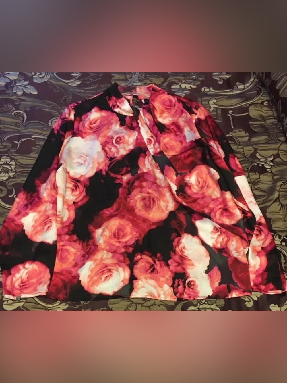 Women's Black Rose Print Blouse - Floral Long Sleeve Top Size PXL